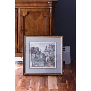 European Town Square Watercolor Print Architecture Framed Wall Decor Clock tower